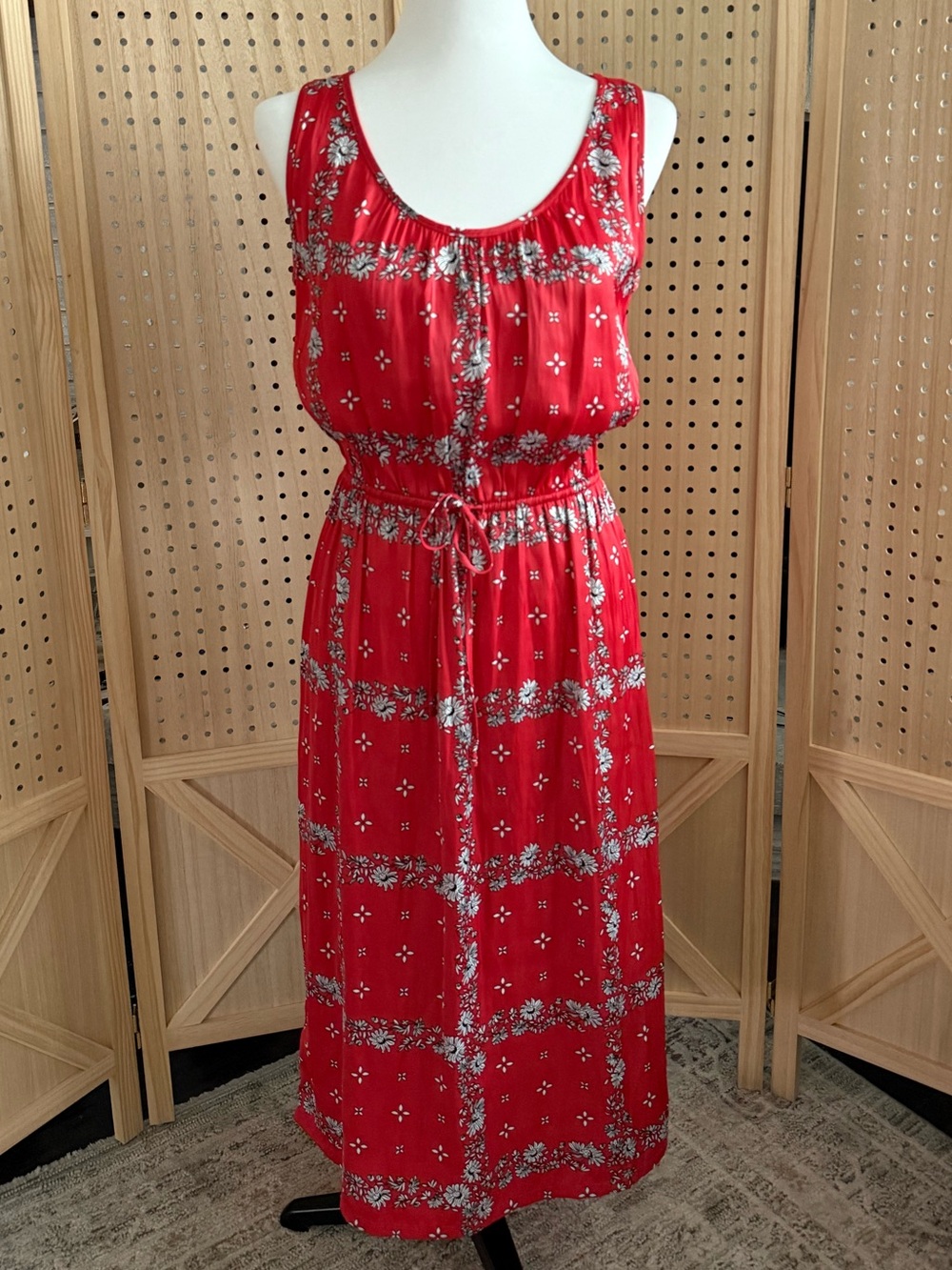 LOFT Red Floral Maxi Dress with Smocked Waist Tie
